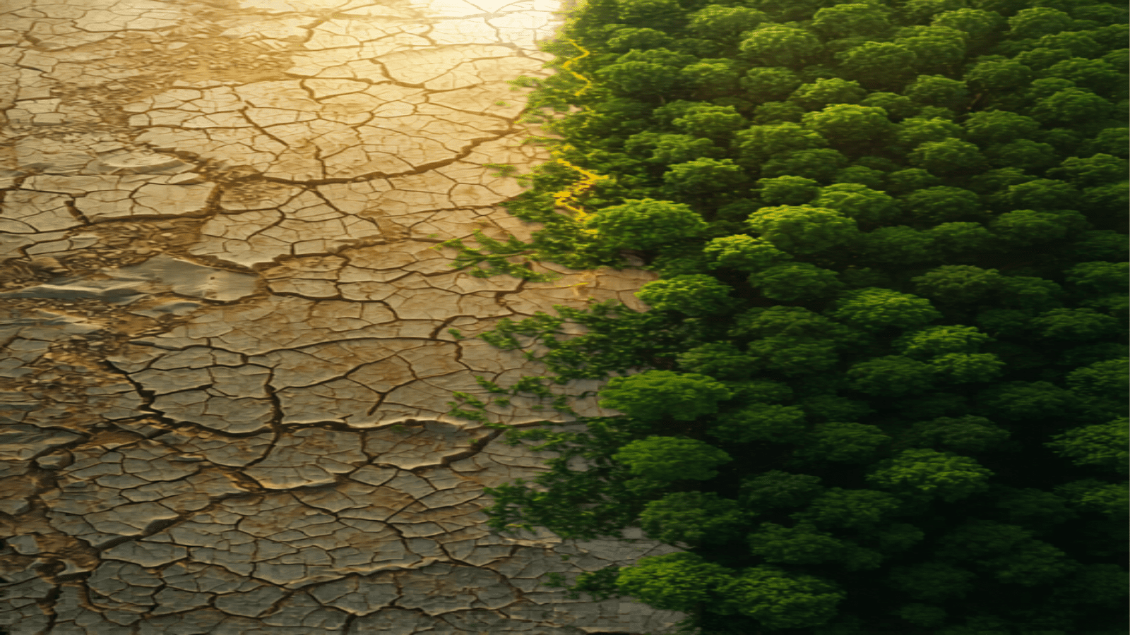 A cinematic transition from cracked, barren earth on the left into a lush, thriving green forest on the right.